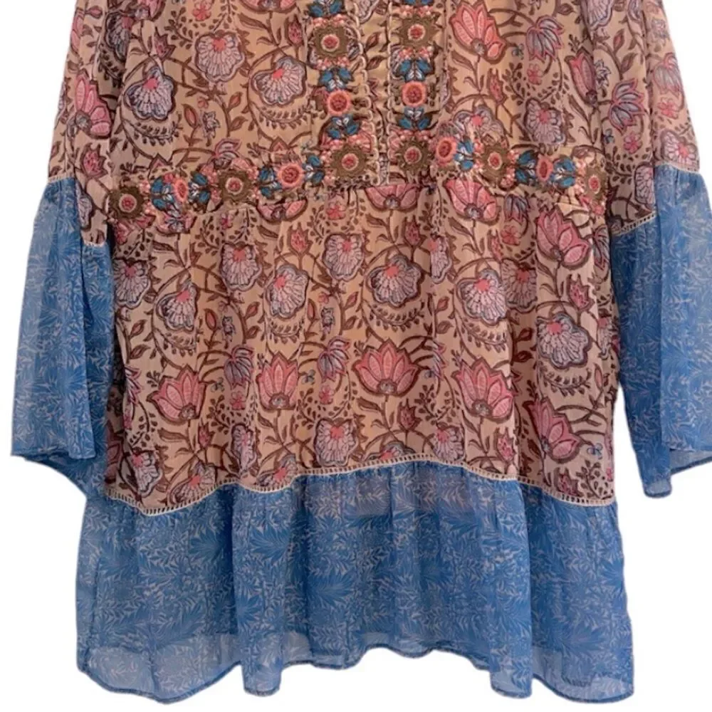 Soft Surroundings Pergola Blue Pink Floral Embroidered Sparkle Peasant Blouse